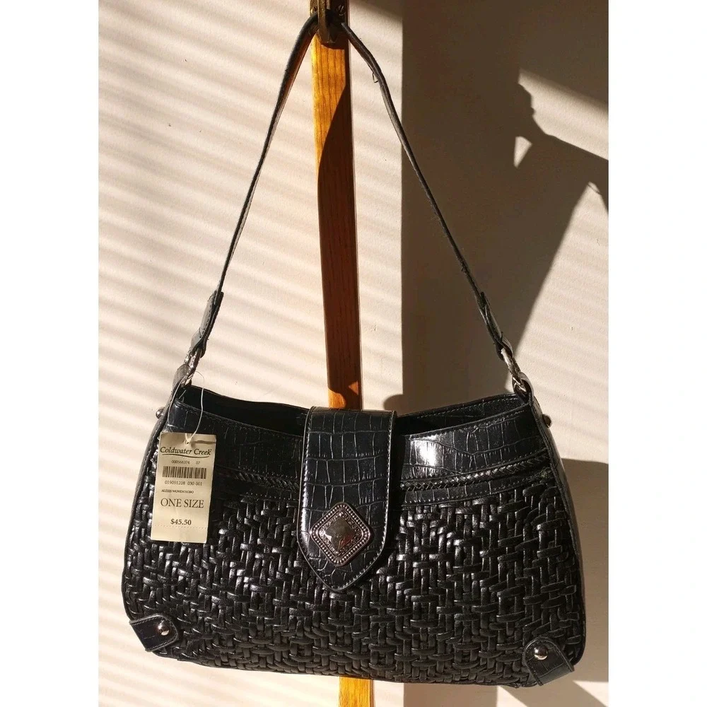 Coldwater Creek Alexis Woven Hobo Shoulder Bag In Black With Silver Accents New